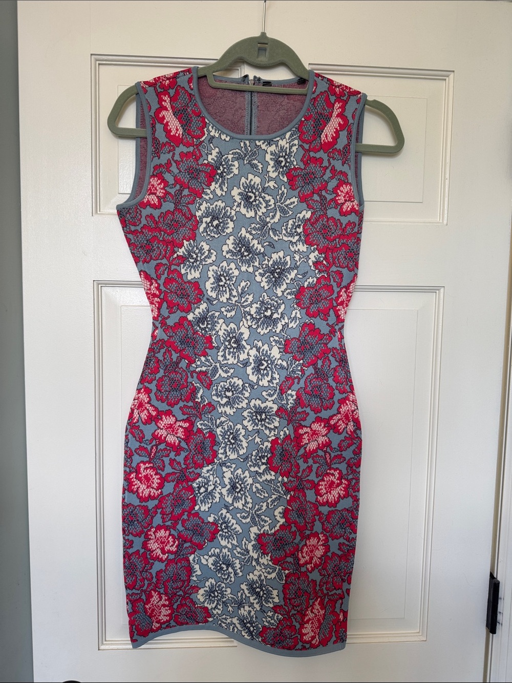 BCBG Sleeveless Floral Sheath Dress in Blue and Pink